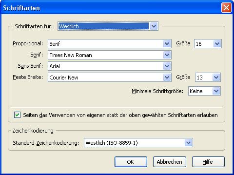 Erweiterte Schriftarten-Einstellung eines Browsers